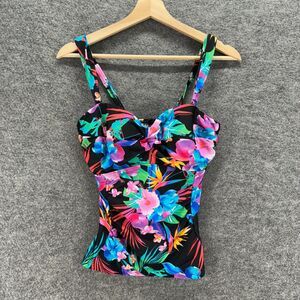 Figleaves Tankini Top Women 32F Black Floral Sleeveless Sweetheart Push Up